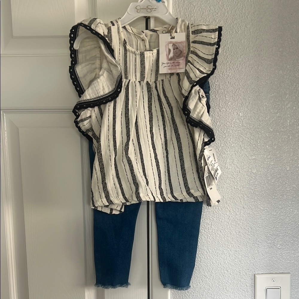 Striped Ruffle Kids Top and Jeans set - Black and White, Jessica Simpson